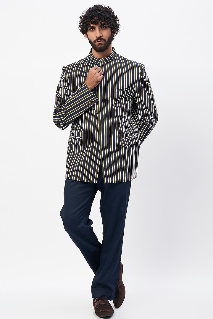 Navy Blue Printed Jodhpuri Jacket Set by MR. SHAH LABEL