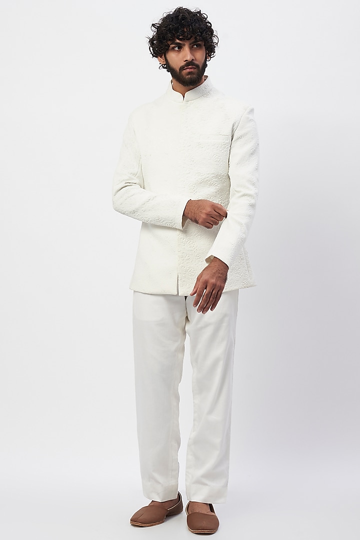 White Printed Jodhpuri Jacket Set by MR. SHAH LABEL
