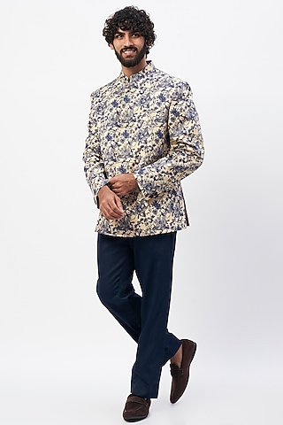 Cream Printed Jodhpuri Jacket Set by MR. SHAH LABEL