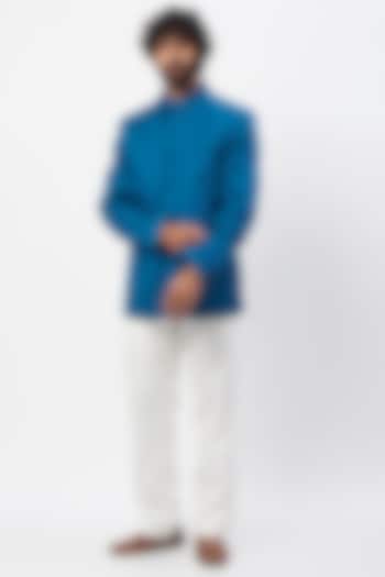 Blue Cotton Satin Jodhpuri Jacket Set by MR. SHAH LABEL