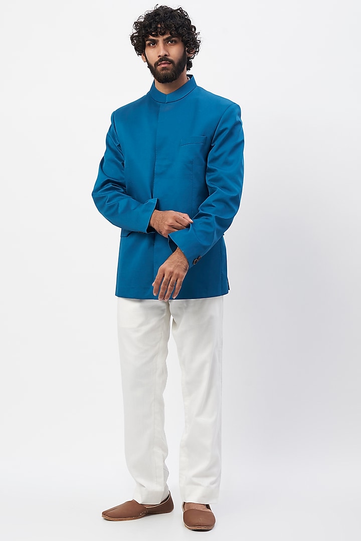 Blue Cotton Satin Jodhpuri Jacket Set by MR. SHAH LABEL