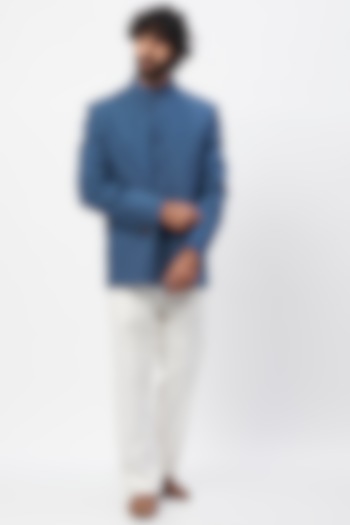 Blue Terry Wool Jodhpuri Jacket Set by MR. SHAH LABEL