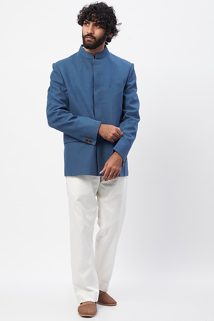 Blue Terry Wool Jodhpuri Jacket Set by MR. SHAH LABEL