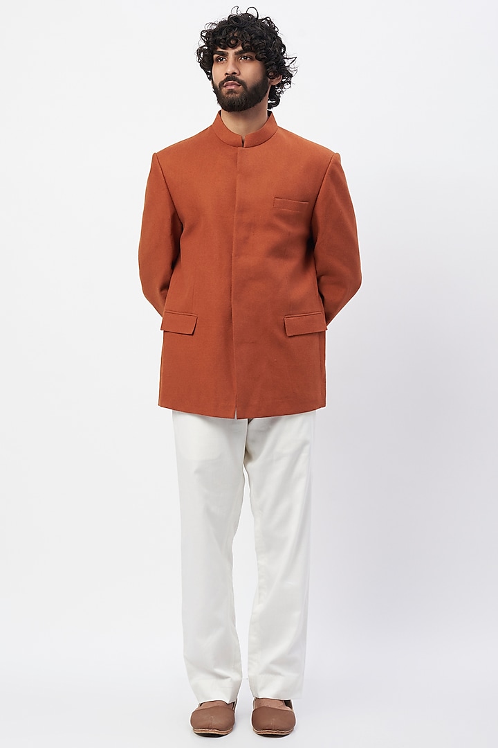 Rust Terry Wool Jodhpuri Jacket Set by MR. SHAH LABEL