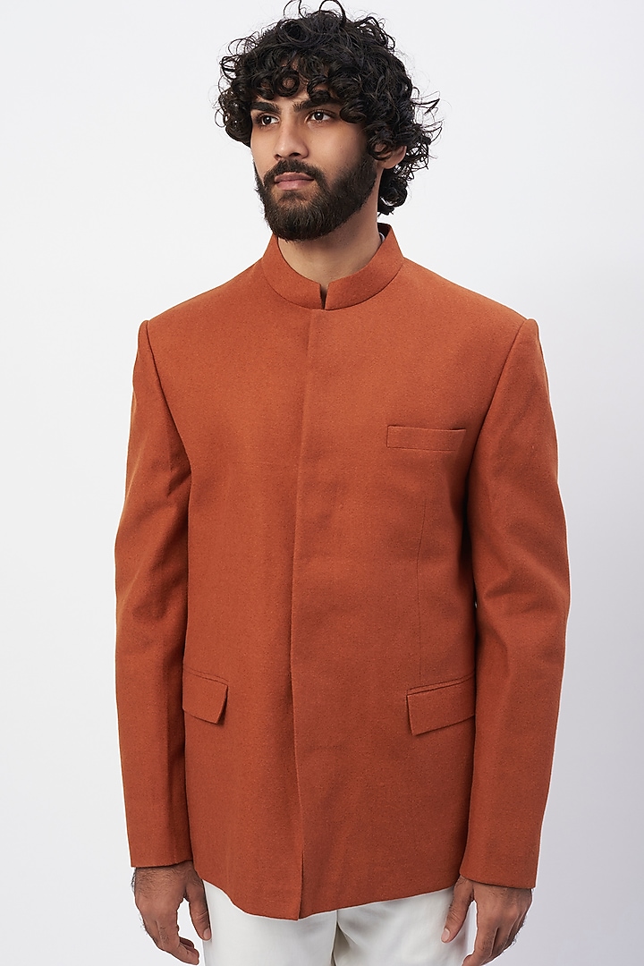 Rust Terry Wool Jodhpuri Jacket Set by MR. SHAH LABEL at Pernia's Pop Up Shop