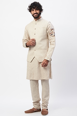 Cream Cotton Satin Kurta Set With Bundi Jacket by MR. SHAH LABEL