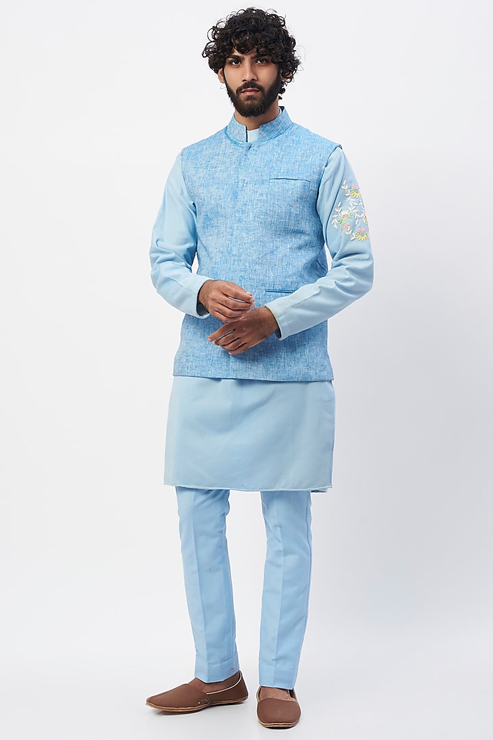 Sky Blue Embroidered Bundi Jacket With Kurta Set by MR. SHAH LABEL