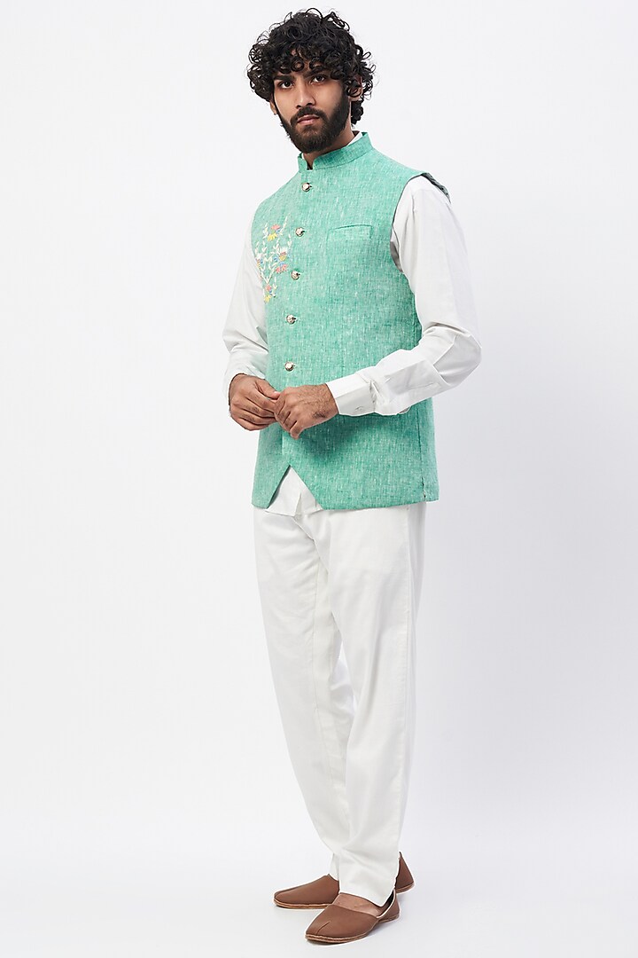 Mint Green Linen Bundi Jacket by MR. SHAH LABEL