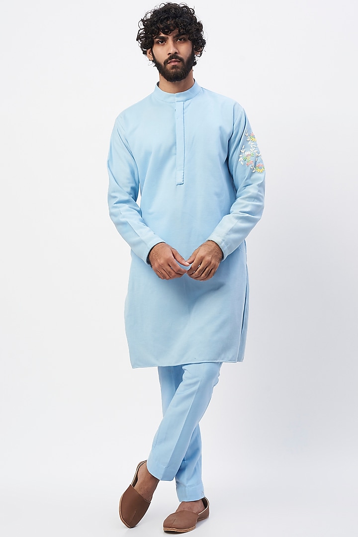 Sky Blue Hand Embroidered Kurta Set by MR. SHAH LABEL