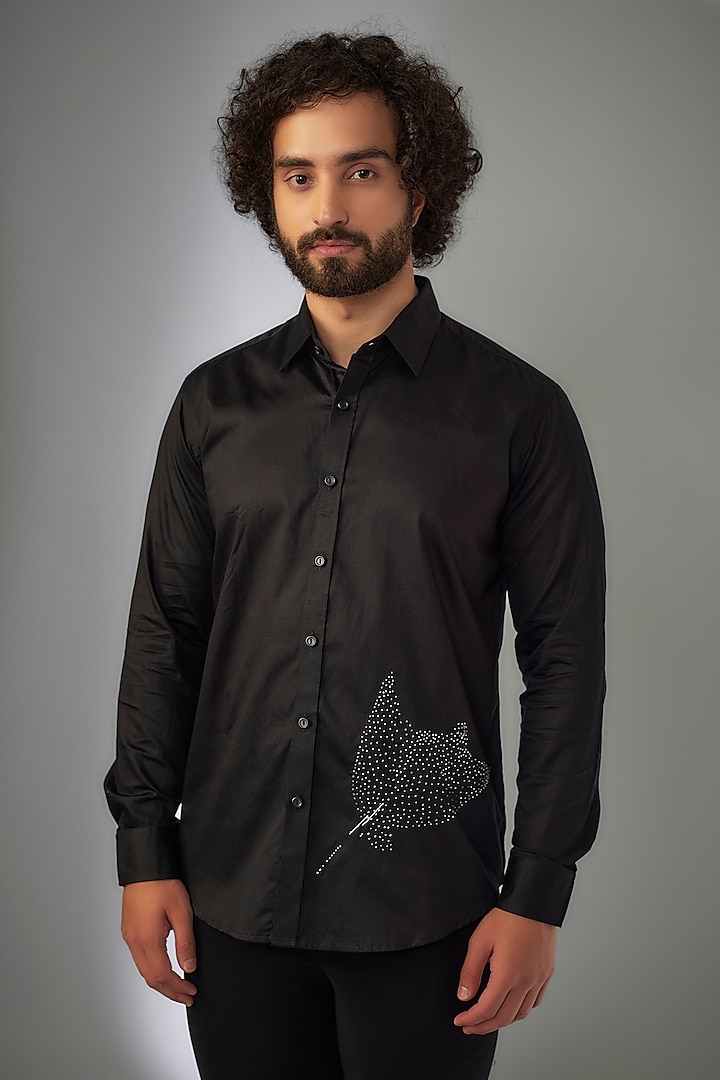 Jet Black Giza Cotton Hand Embroidered Shirt by MR. SHAH LABEL