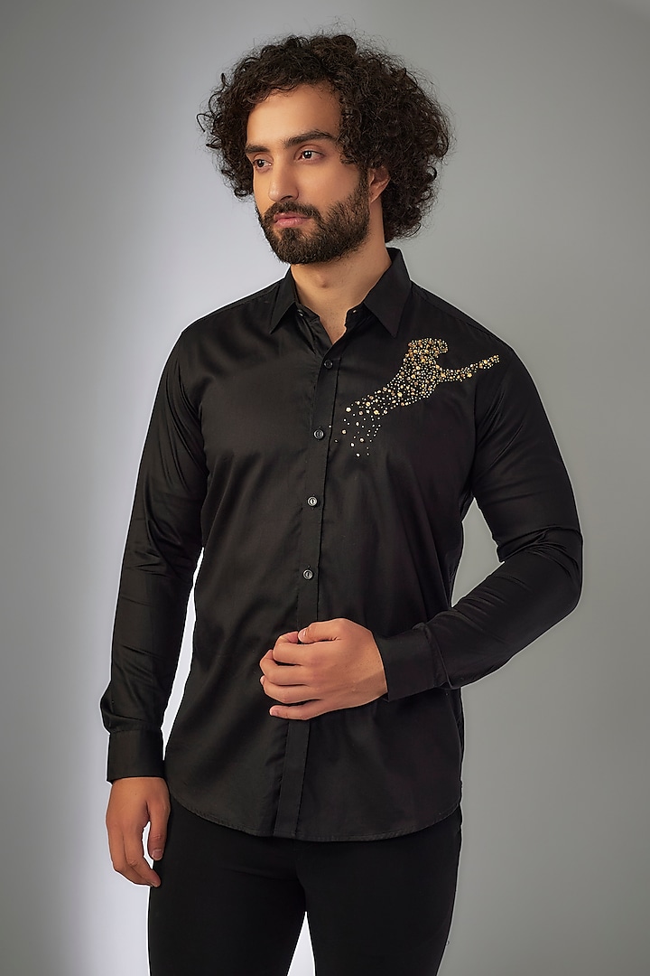 Jet Black Giza Cotton Bead Hand Embroidered Shirt by MR. SHAH LABEL