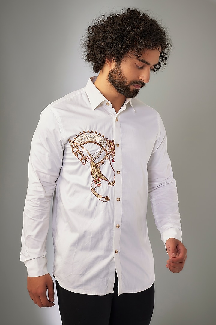 White Giza Cotton Thread Hand Embroidered Shirt by MR. SHAH LABEL