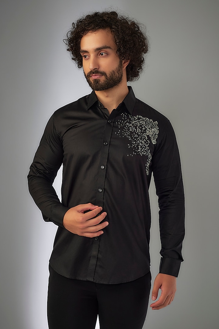 Jet Black Giza Cotton Bead Hand Embroidered Shirt by MR. SHAH LABEL