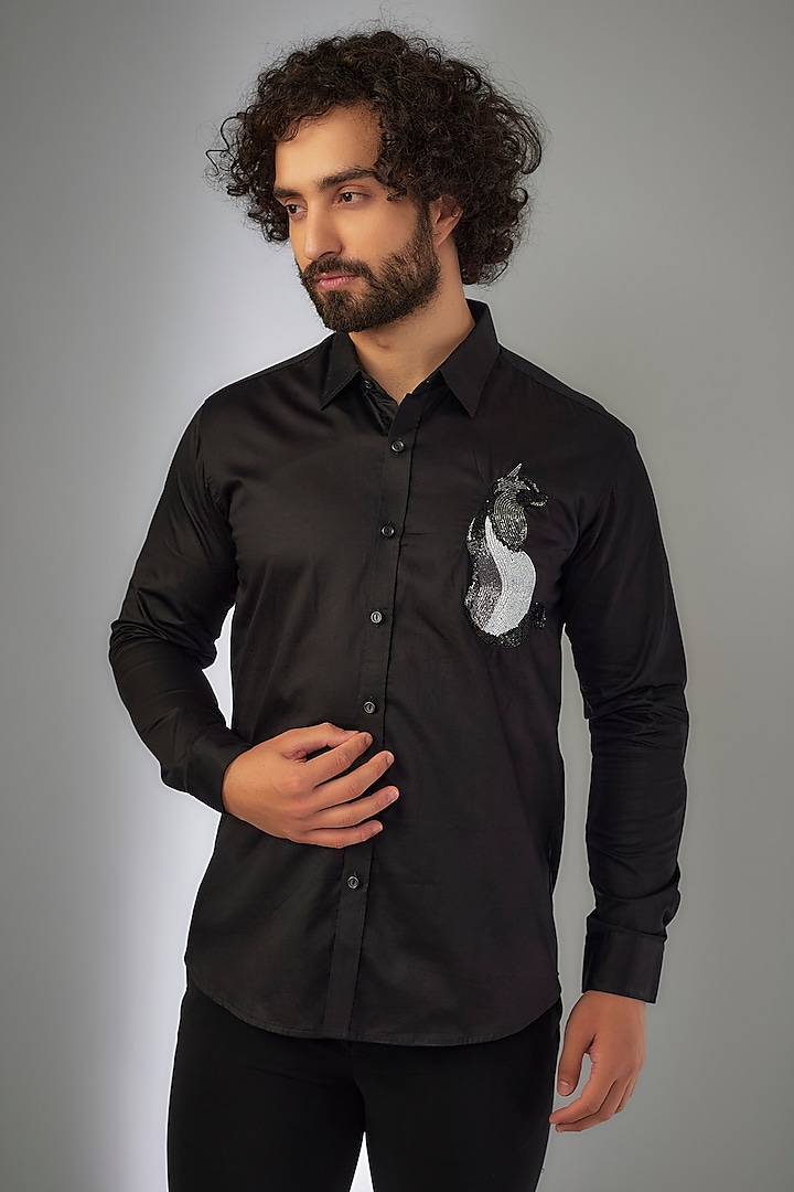 Jet Black Giza Cotton Hand Embroidered Shirt by MR. SHAH LABEL