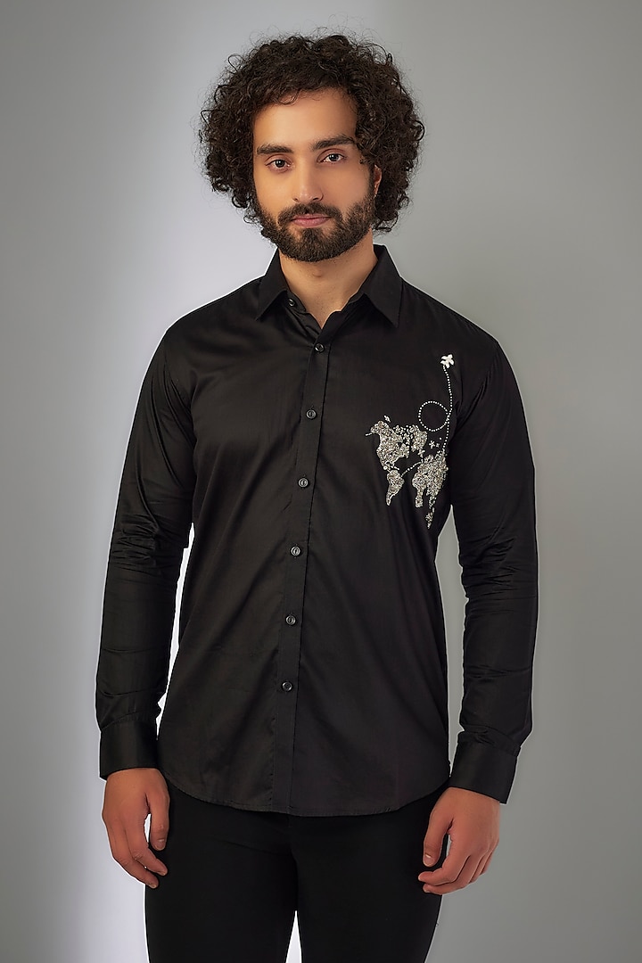 Jet Black Giza Cotton Stone Hand Embroidered Shirt by MR. SHAH LABEL