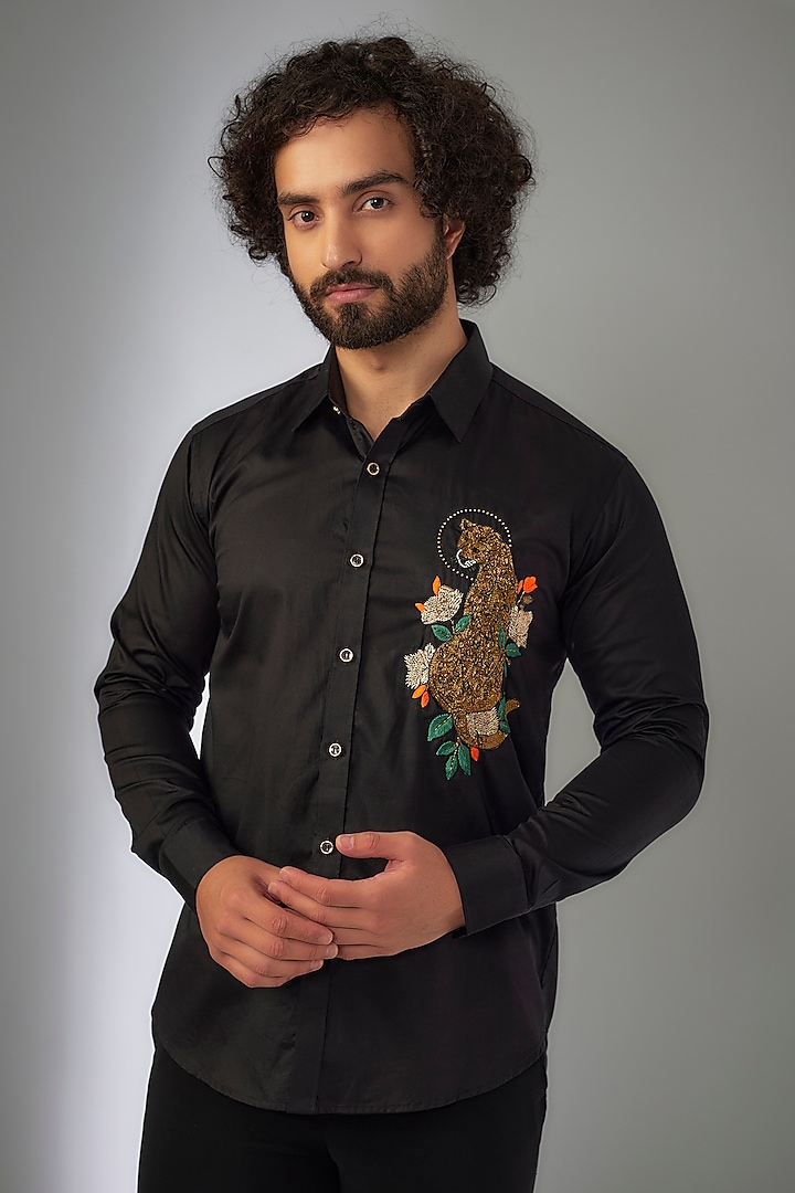 Jet Black Giza Cotton Thread & Bead Hand Embroidered Shirt by MR. SHAH LABEL