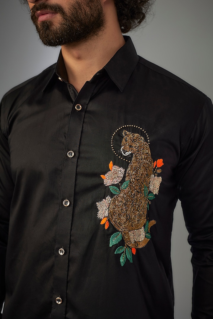 Jet Black Giza Cotton Thread & Bead Hand Embroidered Party Wear Shirt by MR. SHAH LABEL at Pernia's Pop Up Shop