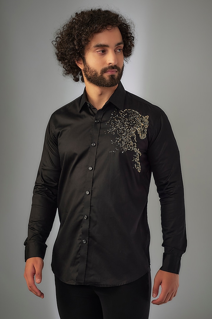 Jet Black Giza Cotton Hand Embroidered Shirt by MR. SHAH LABEL