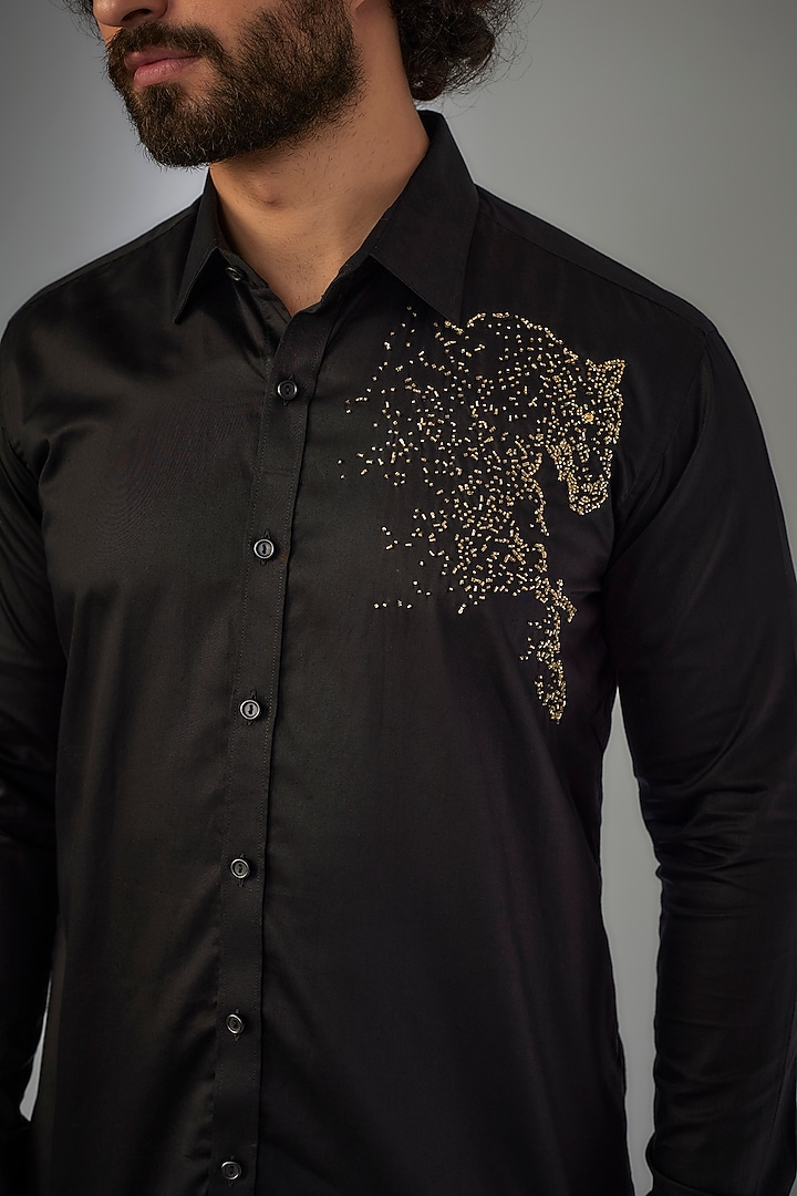 Jet Black Giza Cotton Hand Embroidered Party Wear Shirt by MR. SHAH LABEL at Pernia's Pop Up Shop