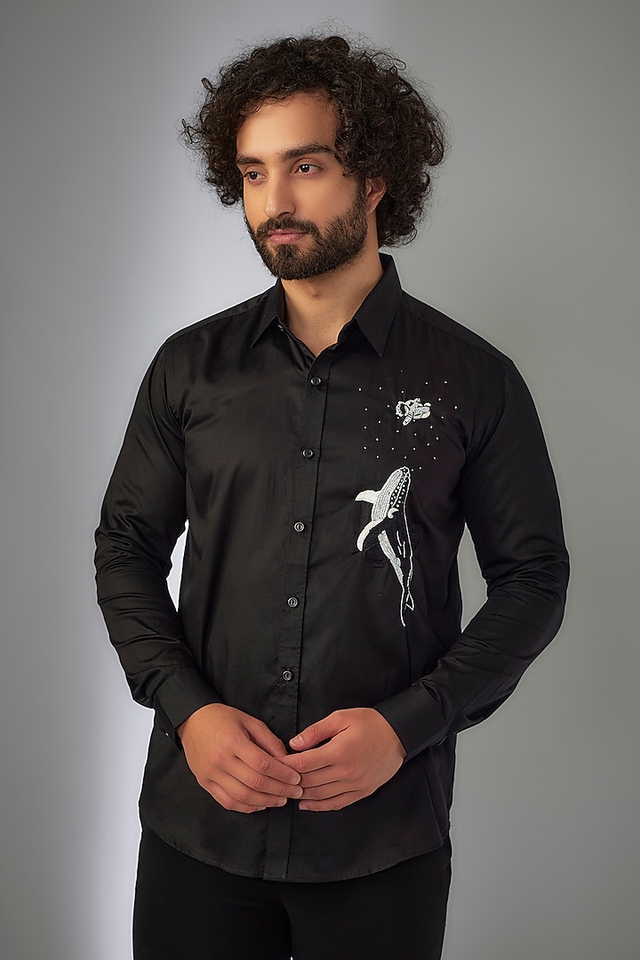 Jet Black Giza Cotton Stone Hand Embroidered Shirt by MR. SHAH LABEL