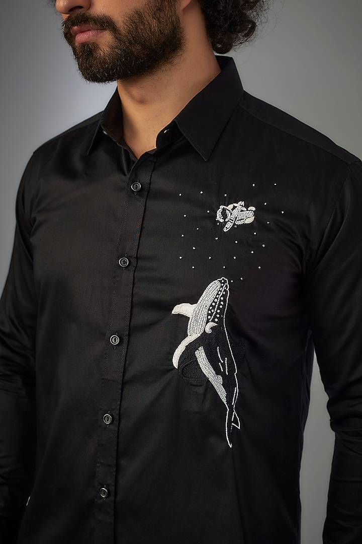 Jet Black Giza Cotton Stone Hand Embroidered Party Wear Shirt by MR. SHAH LABEL at Pernia's Pop Up Shop