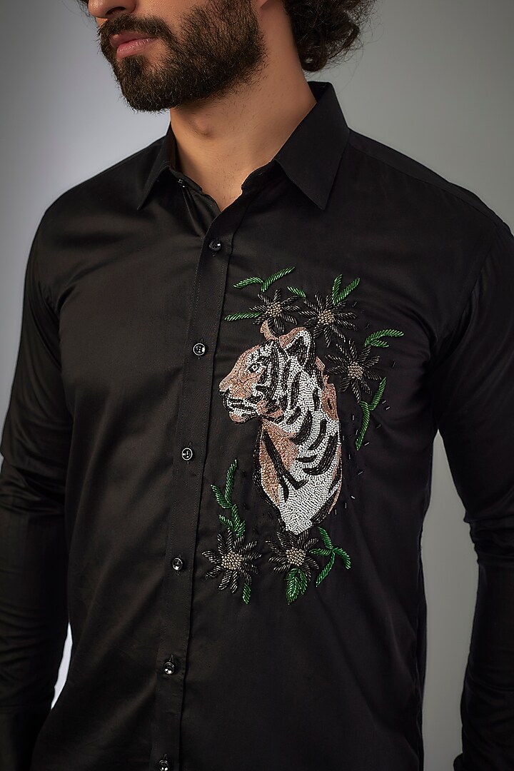 Jet Black Giza Cotton Bead & Thread Hand Embroidered Party Wear Shirt by MR. SHAH LABEL at Pernia's Pop Up Shop