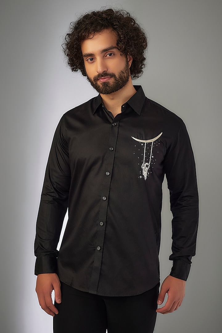 Jet Black Giza Cotton Thread Hand Embroidered Shirt by MR. SHAH LABEL