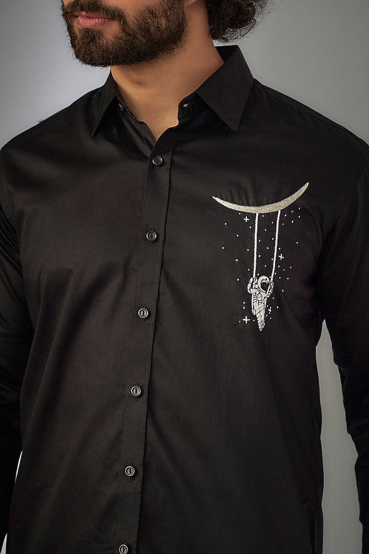 Jet Black Giza Cotton Thread Hand Embroidered Party Wear Shirt by MR. SHAH LABEL at Pernia's Pop Up Shop