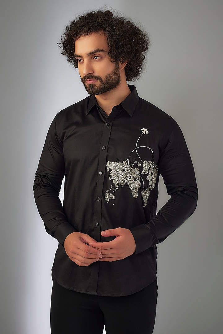 Jet Black Giza Cotton Stone Hand Embroidered Shirt by MR. SHAH LABEL