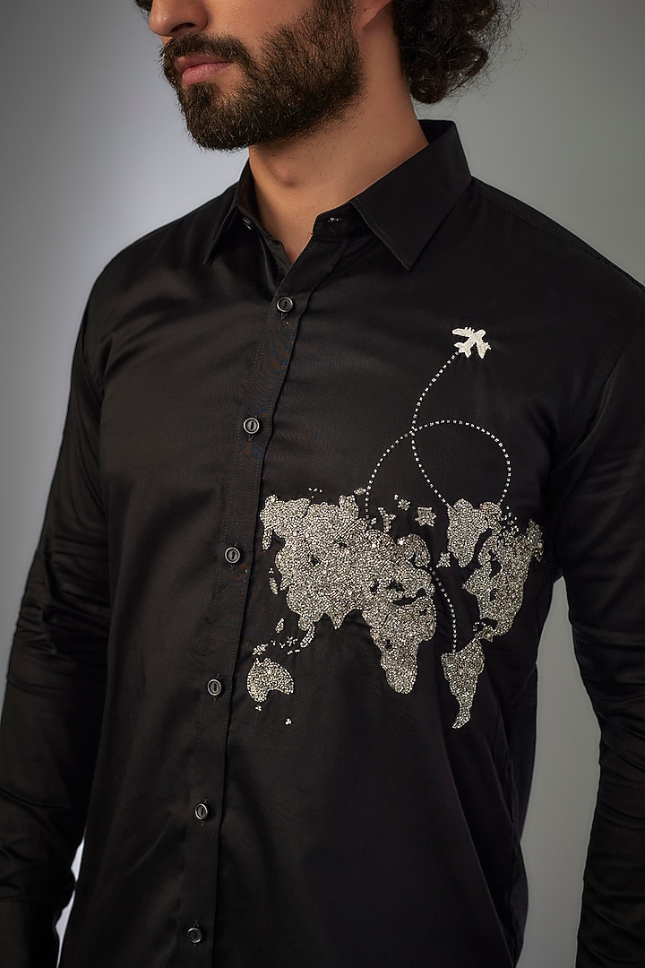 Jet Black Giza Cotton Stone Hand Embroidered Party Wear Shirt by MR. SHAH LABEL at Pernia's Pop Up Shop