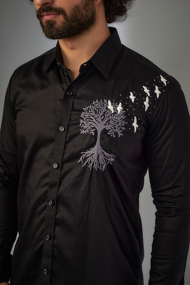 Jet Black Giza Cotton Thread Hand Embroidered Party Wear Shirt by MR. SHAH LABEL at Pernia's Pop Up Shop