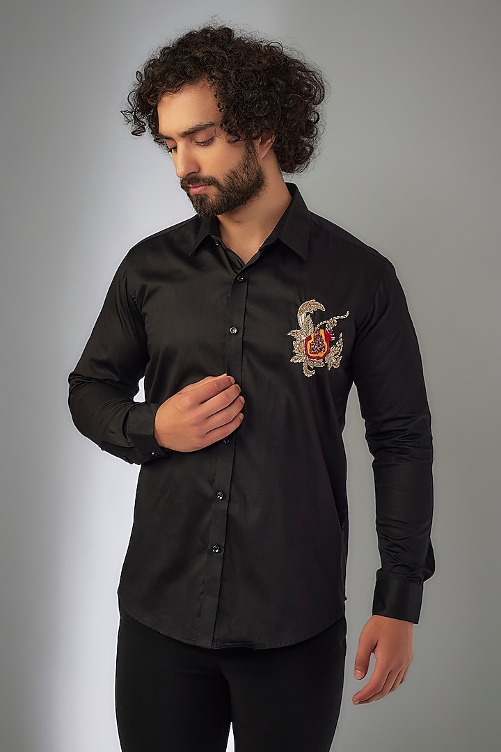 Jet Black Giza Cotton Stone Hand Embroidered Shirt by MR. SHAH LABEL