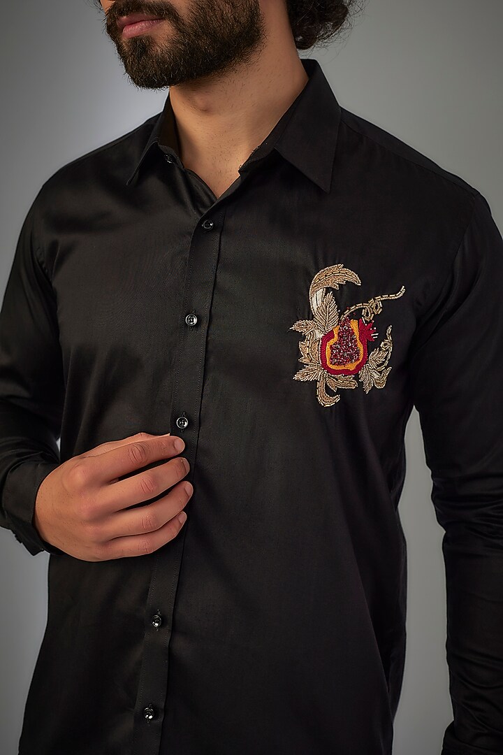 Jet Black Giza Cotton Stone Hand Embroidered Party Wear Shirt by MR. SHAH LABEL at Pernia's Pop Up Shop
