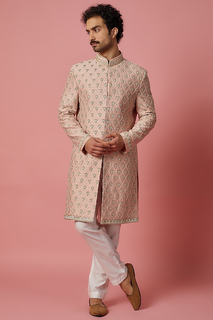 Light Pink Raw Silk Zardosi Hand Embroidered Groom Sherwani Set by MR. SHAH LABEL at Pernia's Pop Up Shop