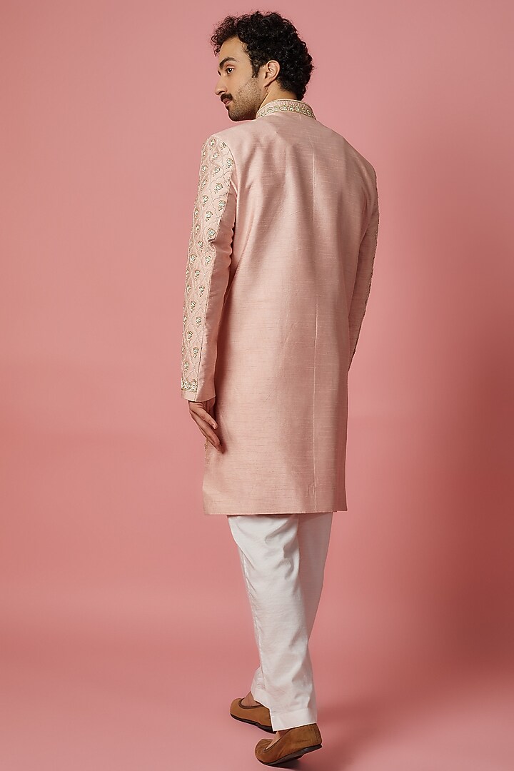 Light Pink Raw Silk Zardosi Hand Embroidered Groom Sherwani Set by MR. SHAH LABEL at Pernia's Pop Up Shop
