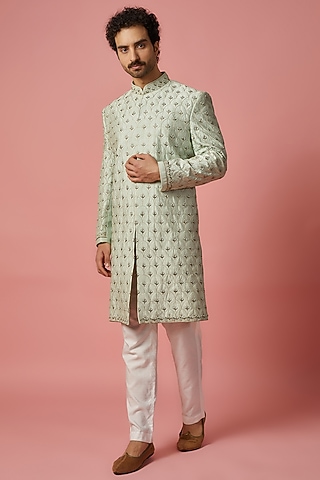 Light Green Raw Silk Zardosi Hand Embroidered Sherwani Set by MR. SHAH LABEL