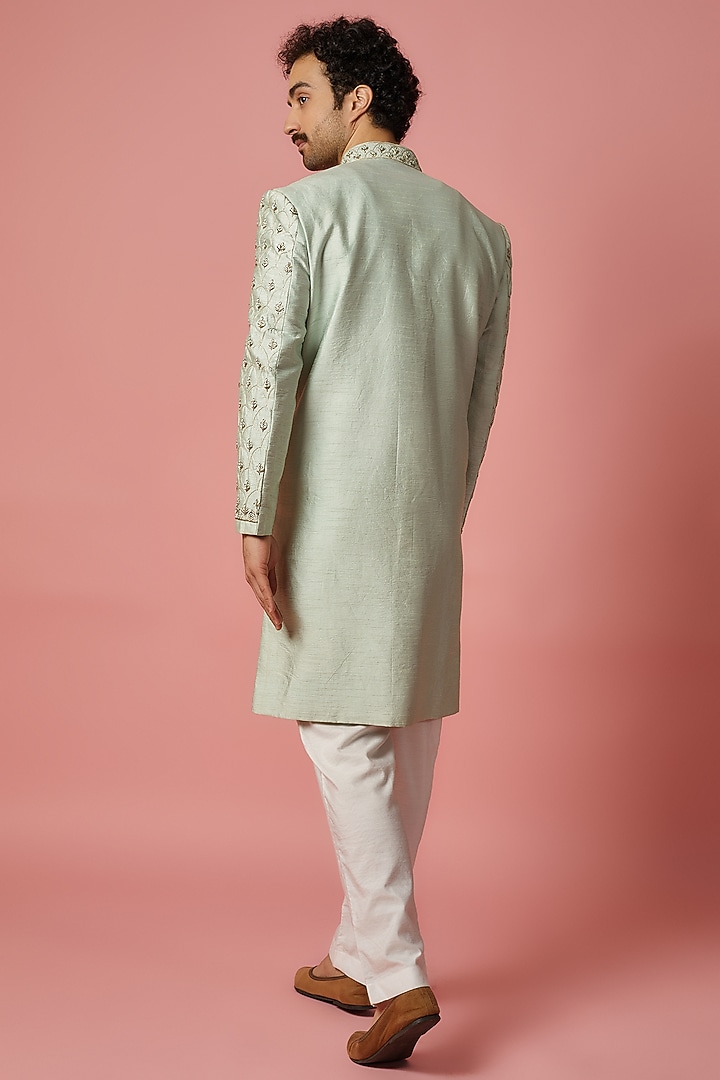 Light Green Raw Silk Zardosi Hand Embroidered Wedding Sherwani Set by MR. SHAH LABEL at Pernia's Pop Up Shop
