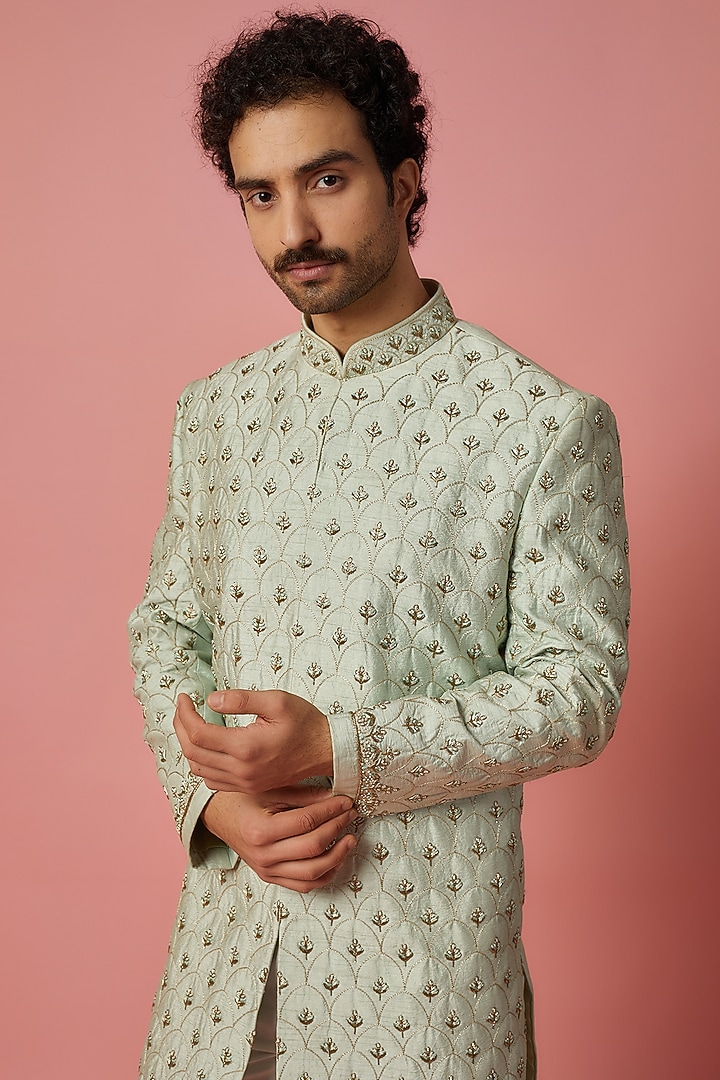 Light Green Raw Silk Zardosi Hand Embroidered Wedding Sherwani Set by MR. SHAH LABEL at Pernia's Pop Up Shop