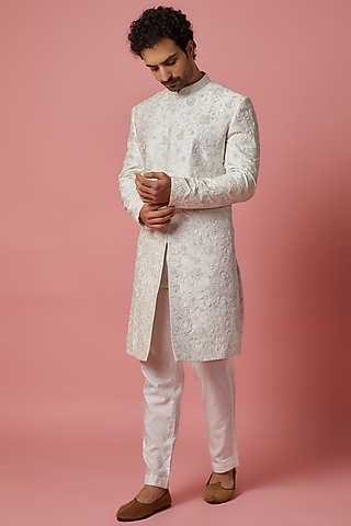 White Raw Silk Pearl Hand Embroidered Sherwani Set by MR. SHAH LABEL