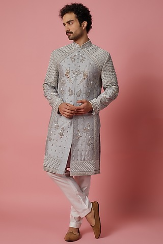 Light Grey Raw Silk Pearl Hand Embroidered Sherwani Set by MR. SHAH LABEL