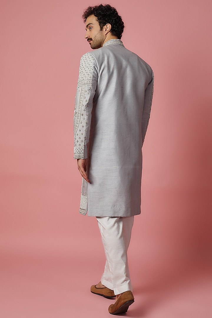 Light Grey Raw Silk Pearl Hand Embroidered Groom Sherwani Set by MR. SHAH LABEL at Pernia's Pop Up Shop