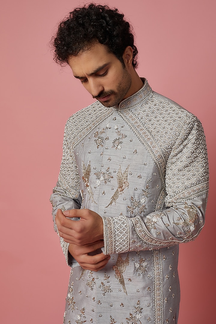 Light Grey Raw Silk Pearl Hand Embroidered Groom Sherwani Set by MR. SHAH LABEL at Pernia's Pop Up Shop