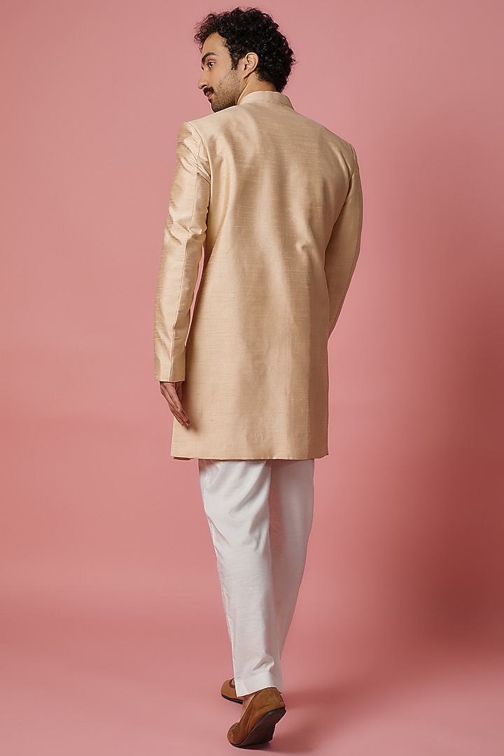 Gold Beige Raw Silk Wedding Sherwani Set by MR. SHAH LABEL at Pernia's Pop Up Shop