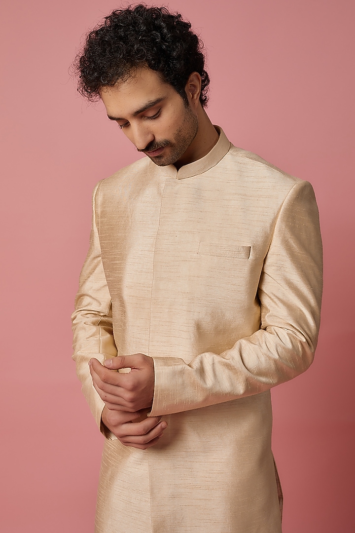 Gold Beige Raw Silk Wedding Sherwani Set by MR. SHAH LABEL at Pernia's Pop Up Shop
