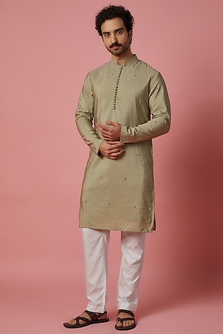Metallic Light Green Cotton Silk Hand Embroidered Kurta Set by MR. SHAH LABEL