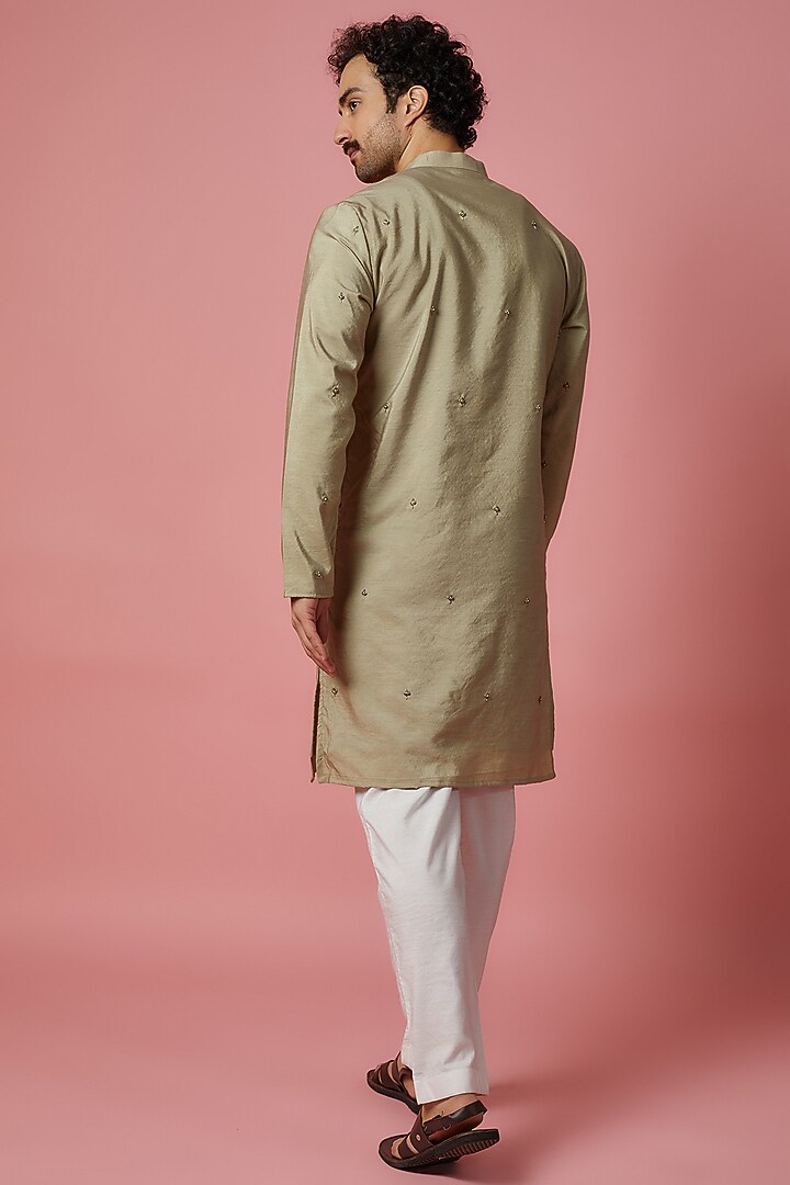 Metallic Light Green Cotton Silk Hand Embroidered Kurta Set by MR. SHAH LABEL at Pernia's Pop Up Shop