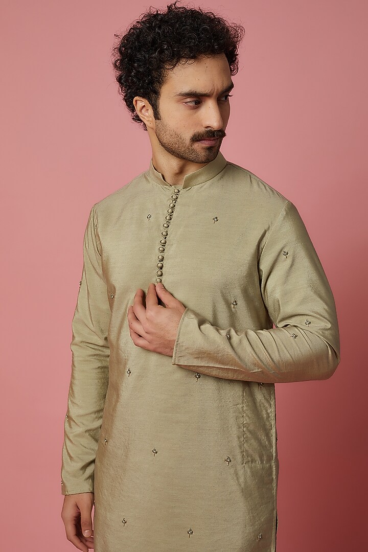 Metallic Light Green Cotton Silk Hand Embroidered Kurta Set by MR. SHAH LABEL at Pernia's Pop Up Shop