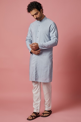 Light Grey Cotton Silk Hand Embroidered Kurta Set by MR. SHAH LABEL