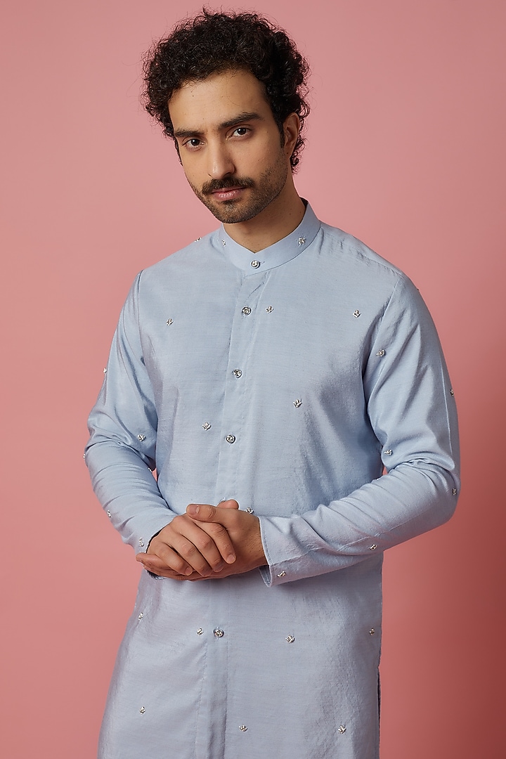 Light Grey Cotton Silk Hand Embroidered Kurta Set by MR. SHAH LABEL at Pernia's Pop Up Shop