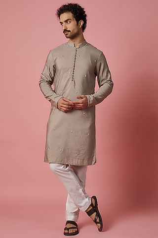 Mud Grey Cotton Silk Hand Embroidered Kurta Set by MR. SHAH LABEL